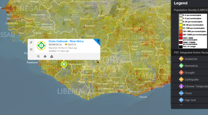 PDC Global Hazards Atlas displaying PDC Active Hazards and Population Density (LANDSCAN)